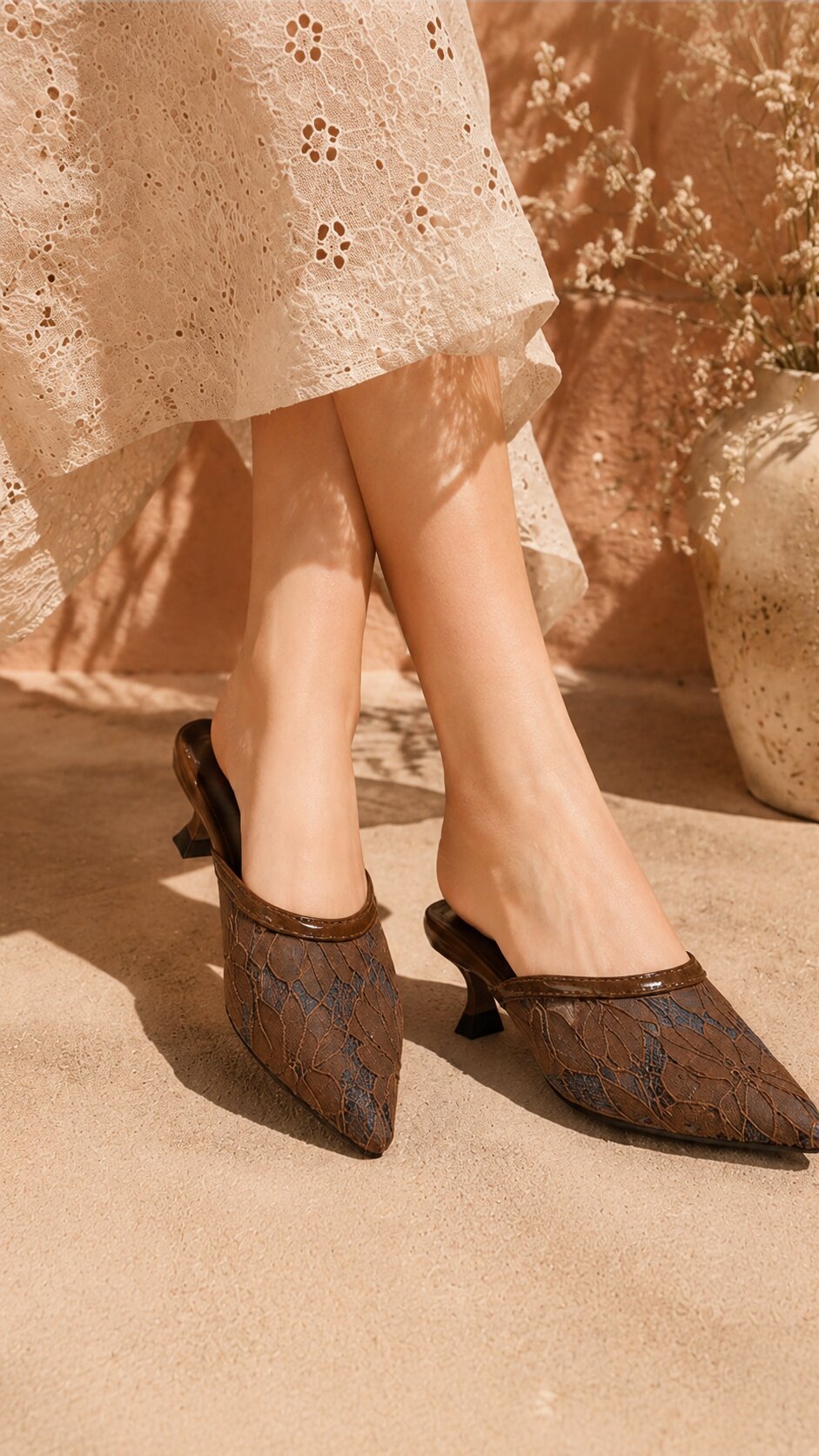 Mocha Lace Pointed-Toe Kitten Heel Mules