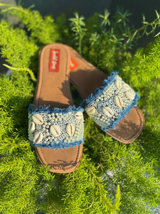 Boho Shell & Pearl Denim Slides