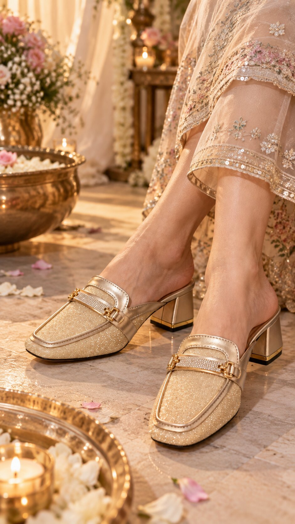 Golden Crystal Buckle Mules with Heels | 2 Inch
