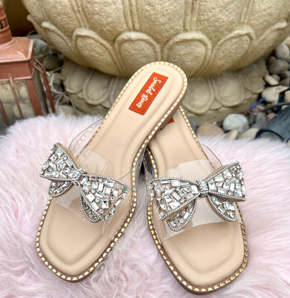 Crystal Bow Embellished Nude Flats