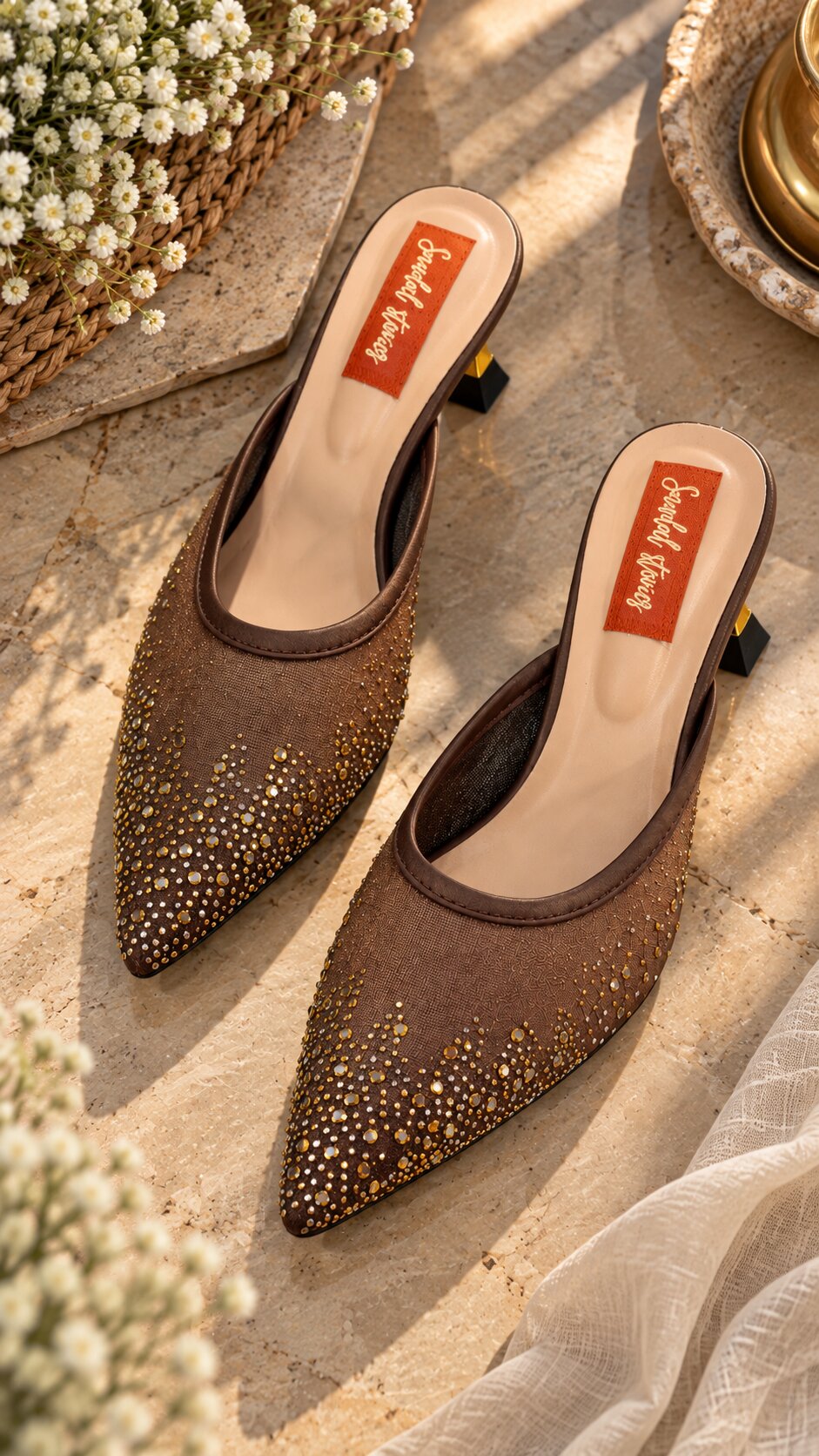 Mocha Gold Sparkle Mesh Mules | 2 Inch Kitten Heels