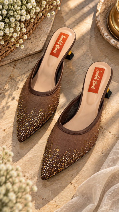 Mocha Gold Sparkle Mesh Mules | 2 Inch Kitten Heels