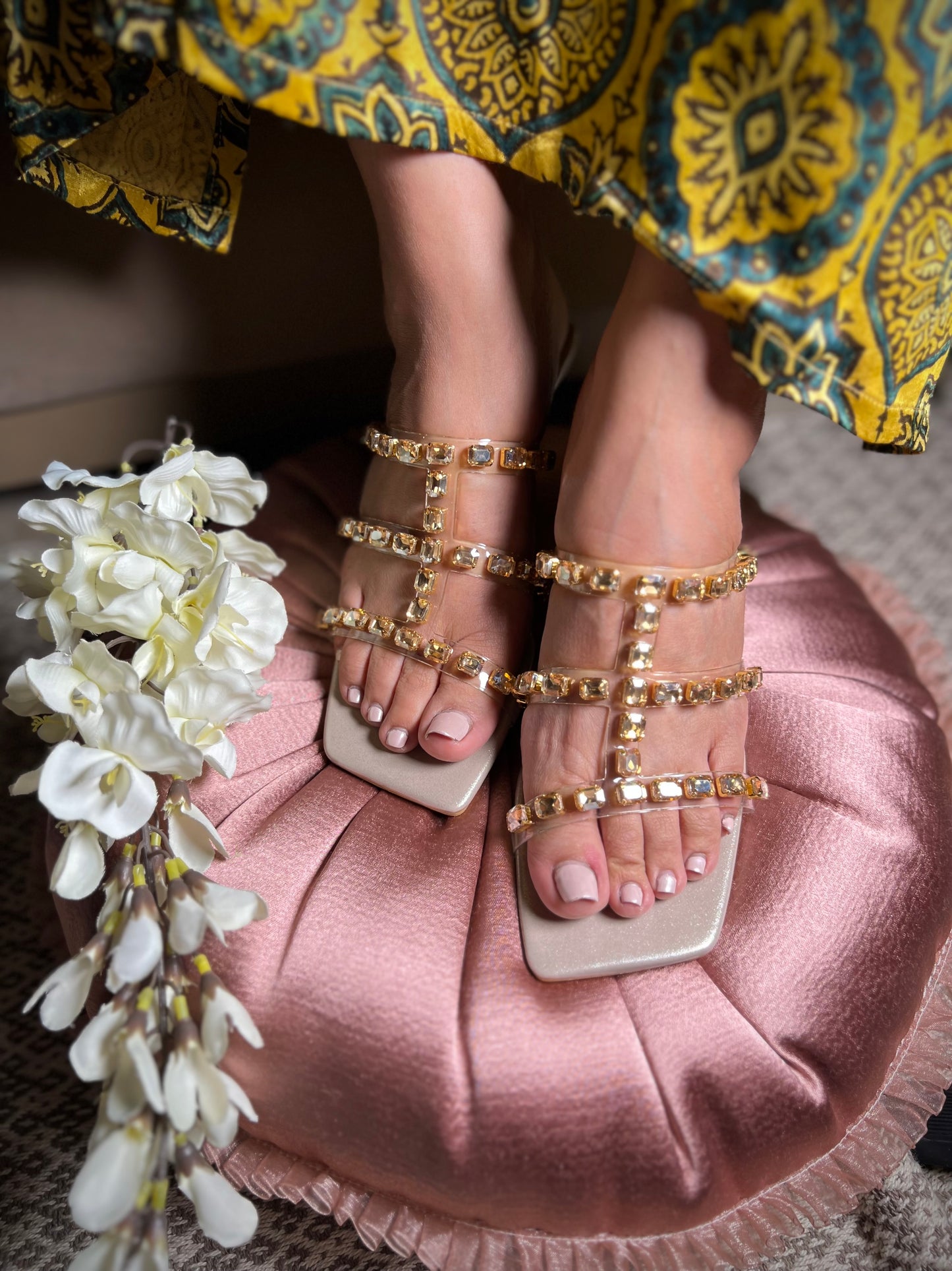 Crystal Glow Heels - Gold Studs