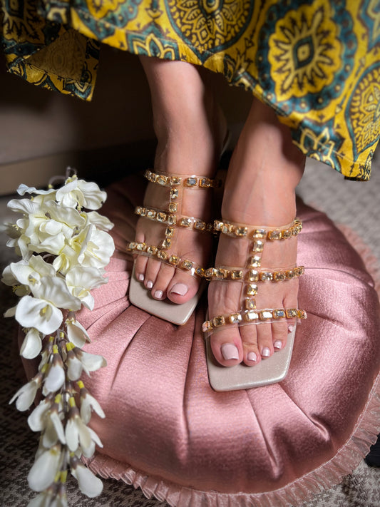 Crystal Glow Heels - Gold Studs