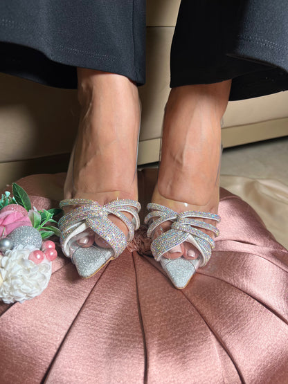 Crystal Knot Transparent Heels – Silver