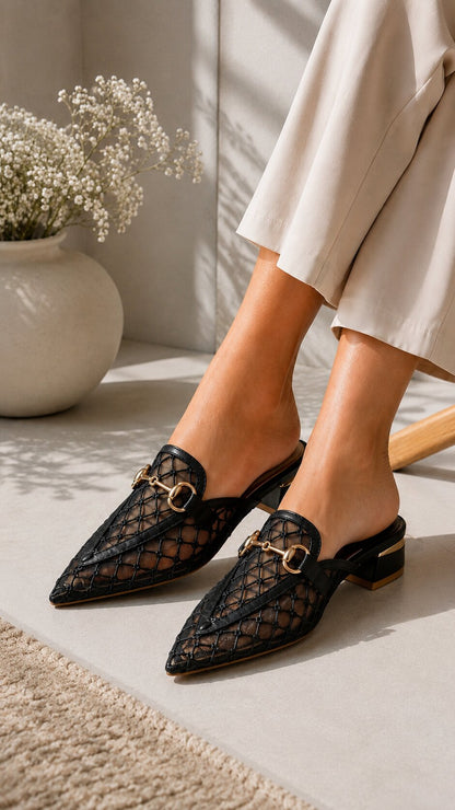 Midnight Mesh Luxe Pointed Mules | 1 Inch Heel