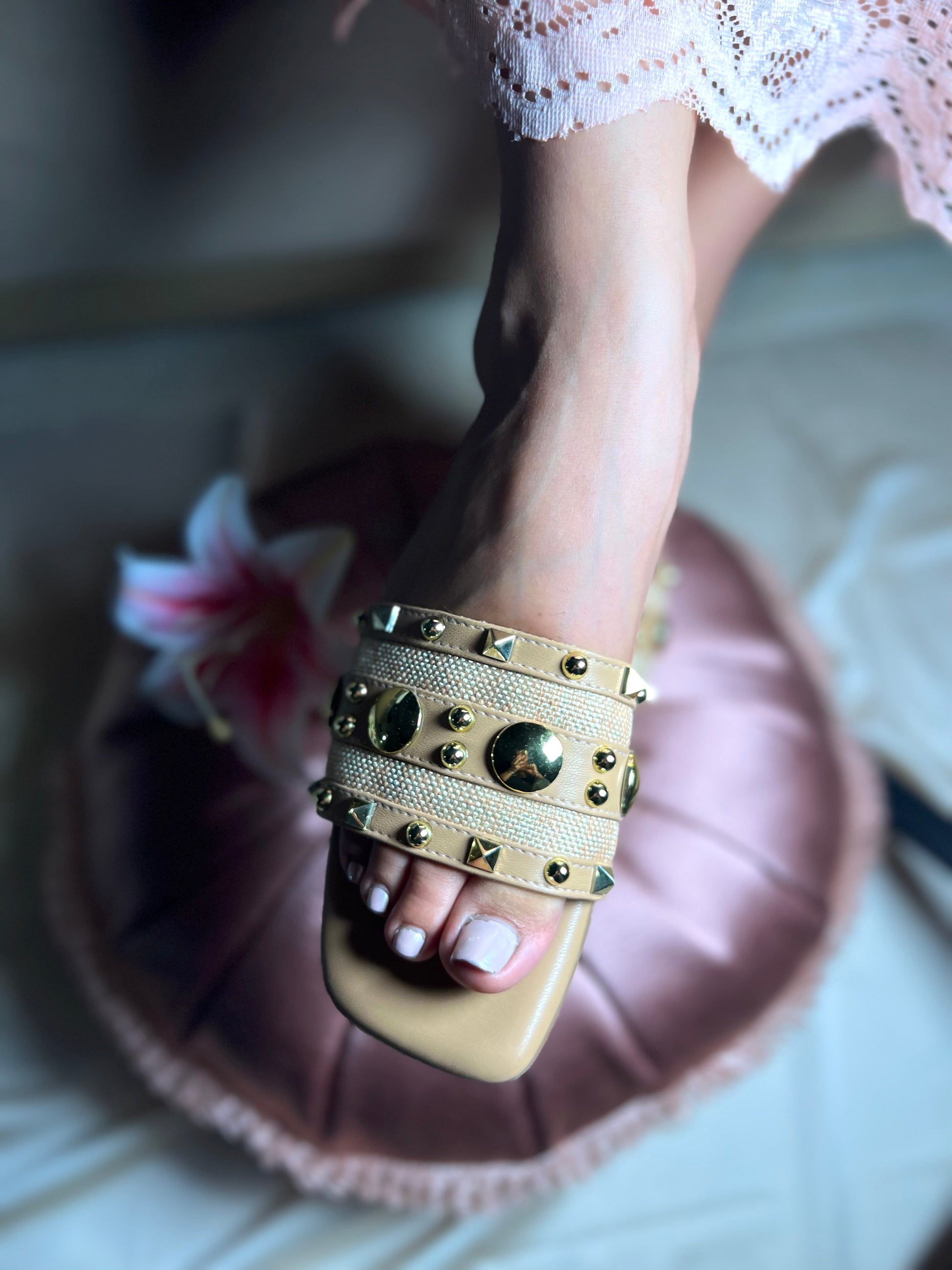 Studded Glam Beige Flats Sandal Stories