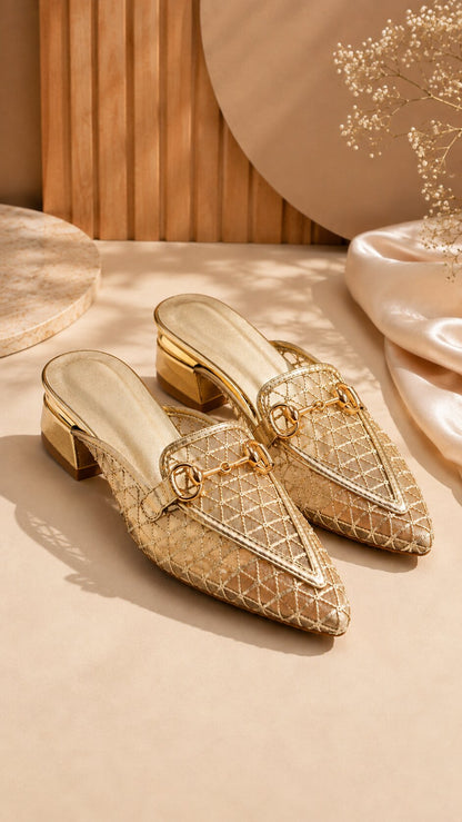 Golden Mesh Luxe Pointed Mules | 1 Inch Heel