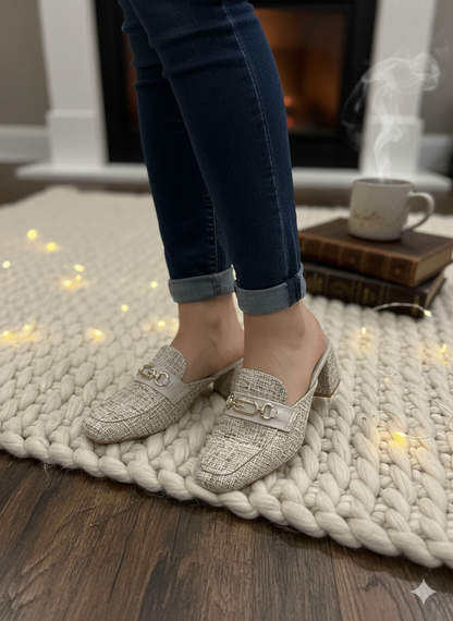 Ivory Tweed Chain-Detail Mules