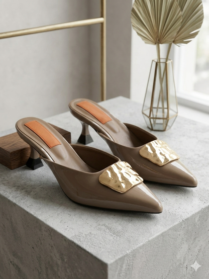 Statement Buckle Kitten Heels – Beige