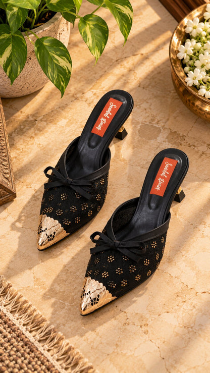 Embellished Mesh Kitten Heels with Statement Gold Accessories - Black