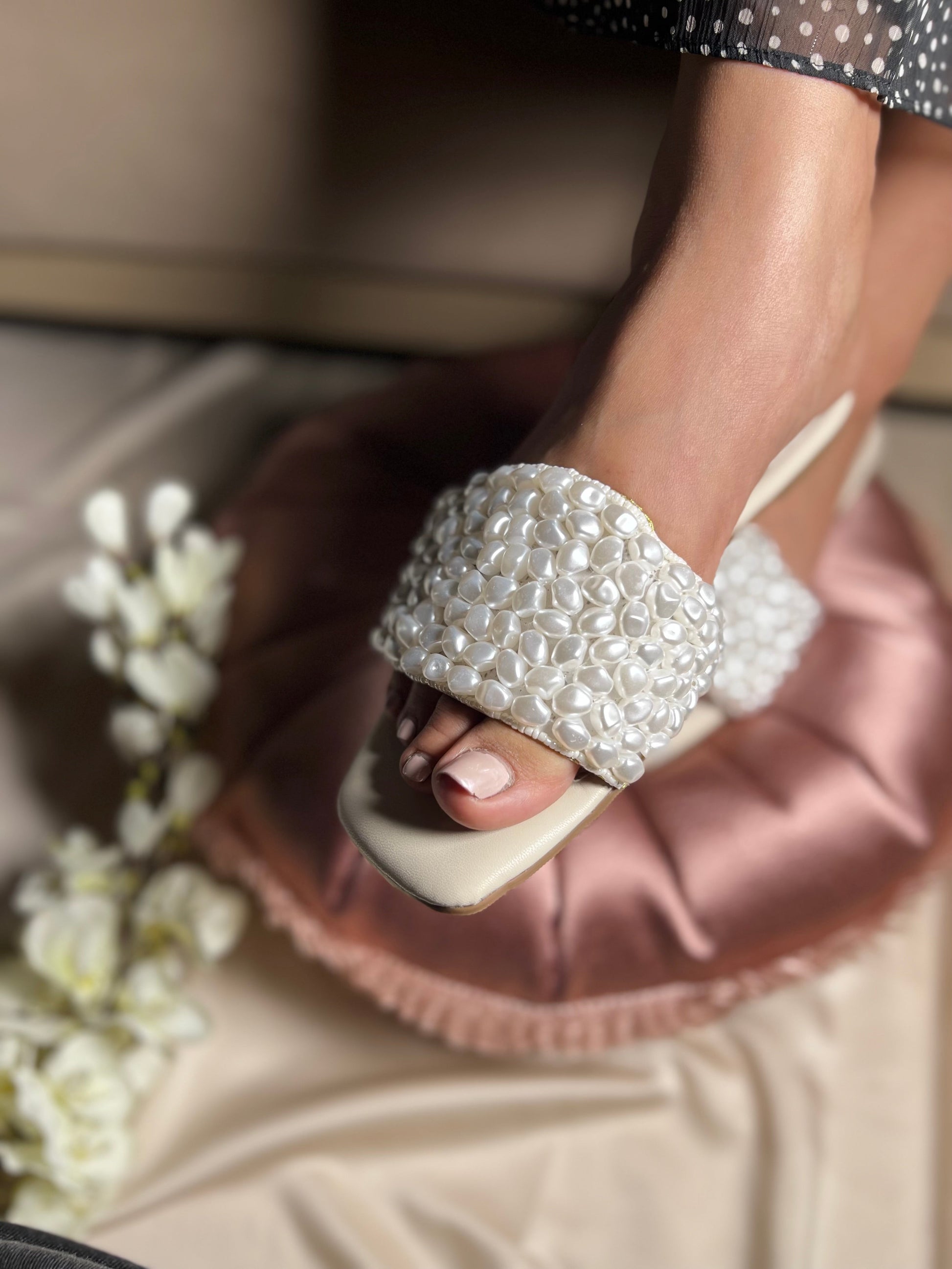 White Pearl Embellished Flat Sandal Stories