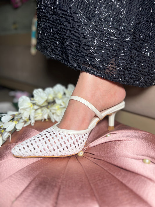 Woven Charm Heels - White