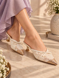 Lace Bow Pointed Mules - Ivory | Kitten Heels
