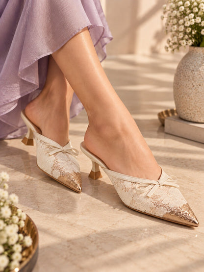 Lace Bow Pointed Mules - Ivory | Kitten Heels