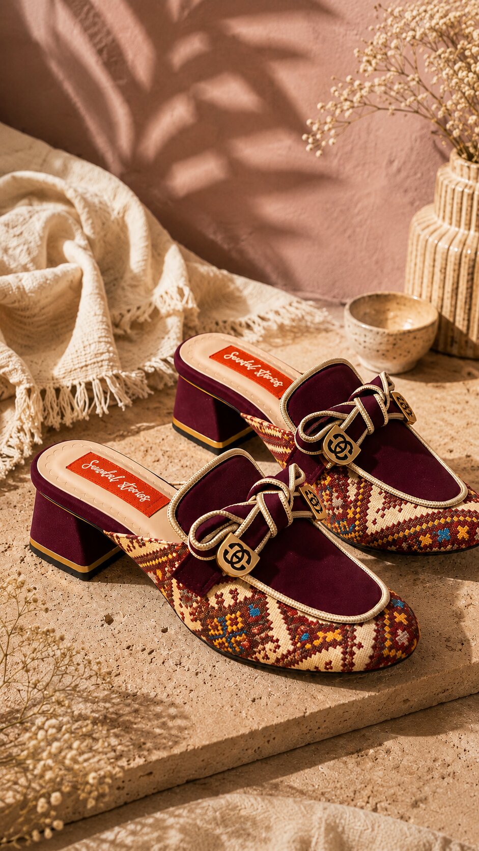 Maroon Patterned Weave Mules
