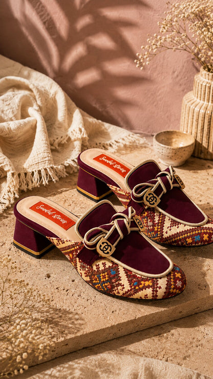 Maroon Patterned Weave Mules