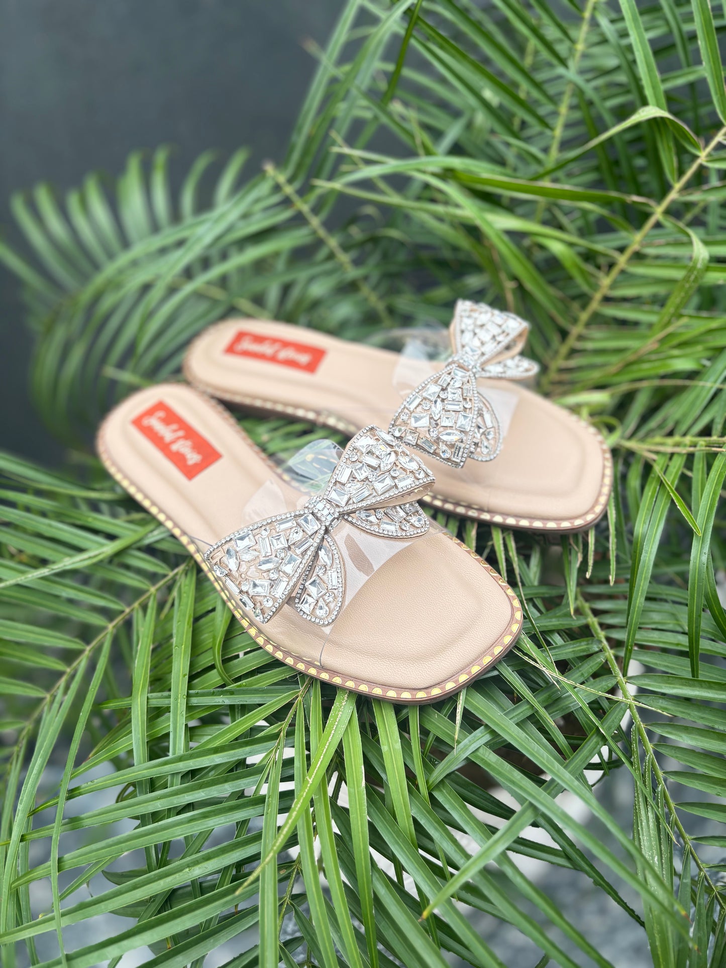 Crystal Bow Embellished Nude Flats