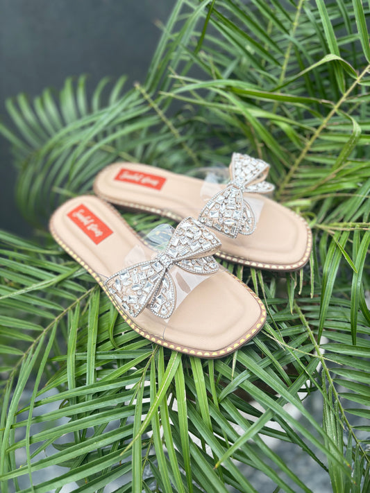Crystal Bow Embellished Nude Flats