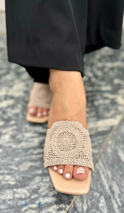 Nude Crochet Block Heels Sandal Stories