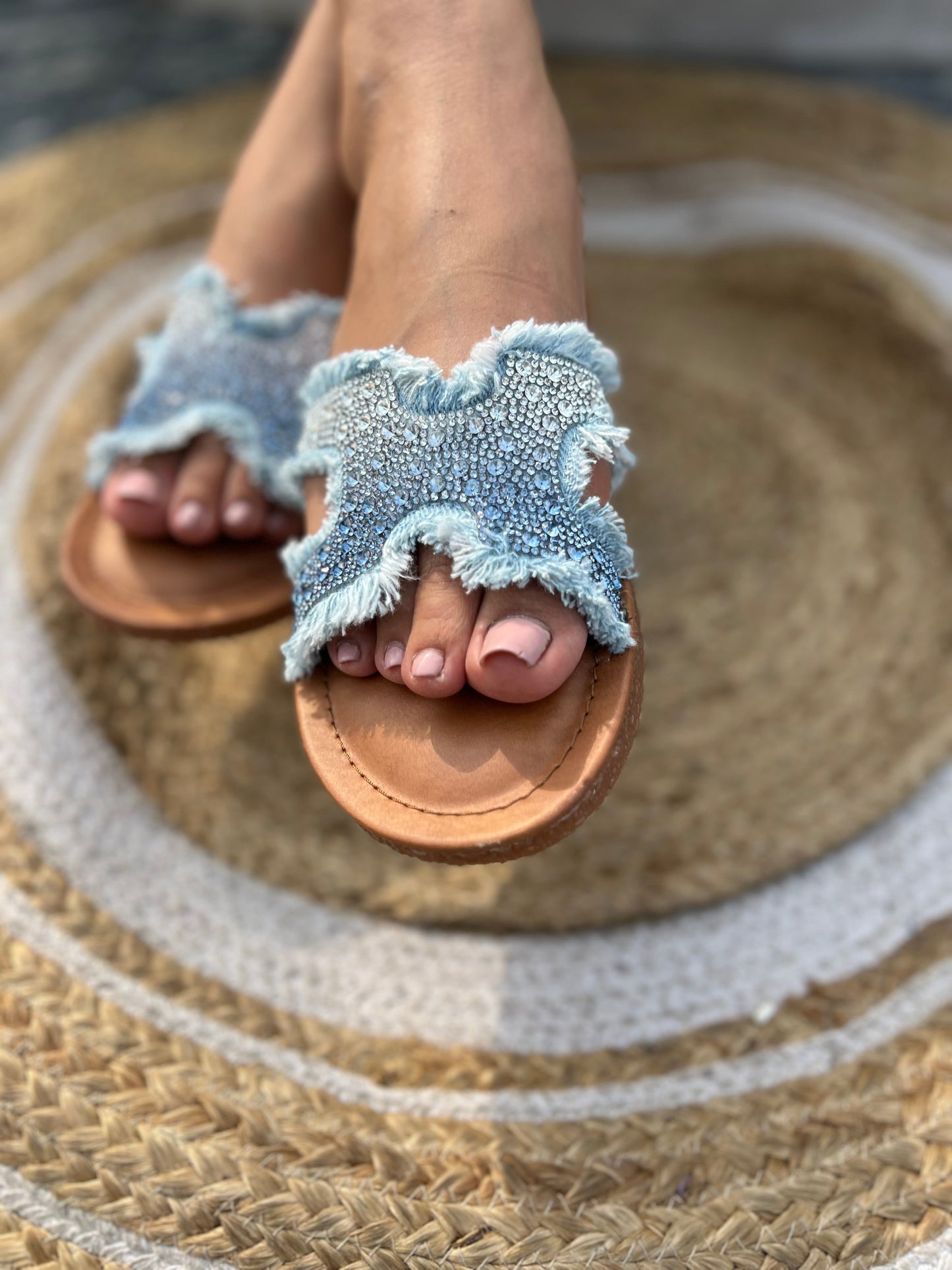 Crystal Denim Chic – Handcrafted Flats Sandal Stories