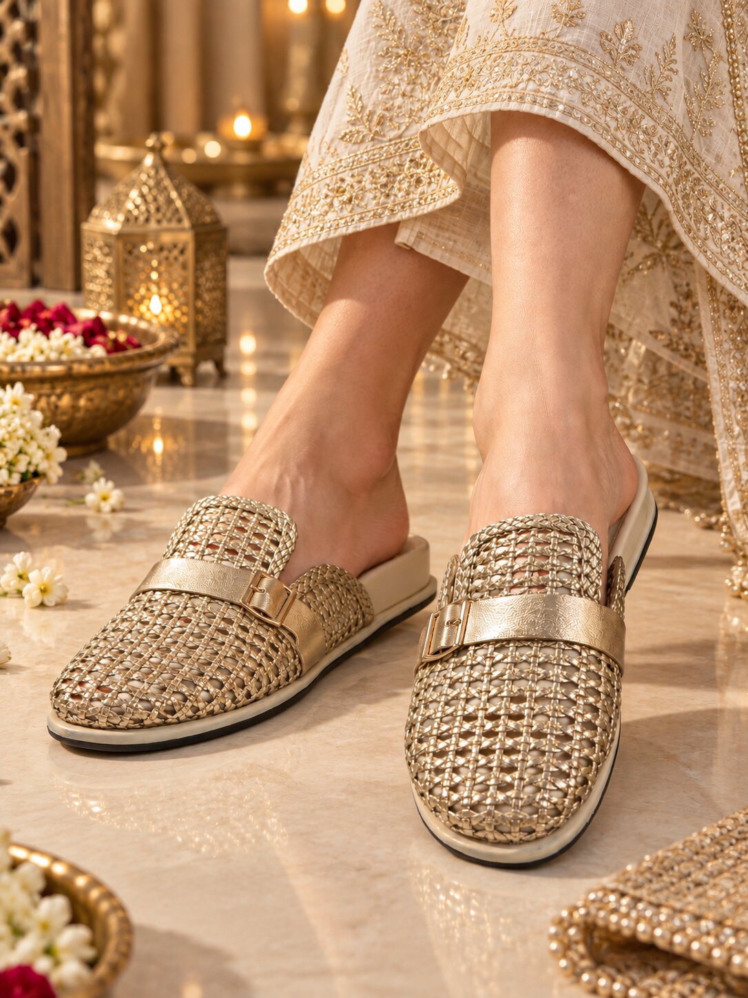 Luxe Woven Buckle Comfort Slider - Antique Gold