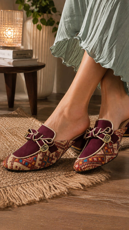 Maroon Patterned Weave Mules