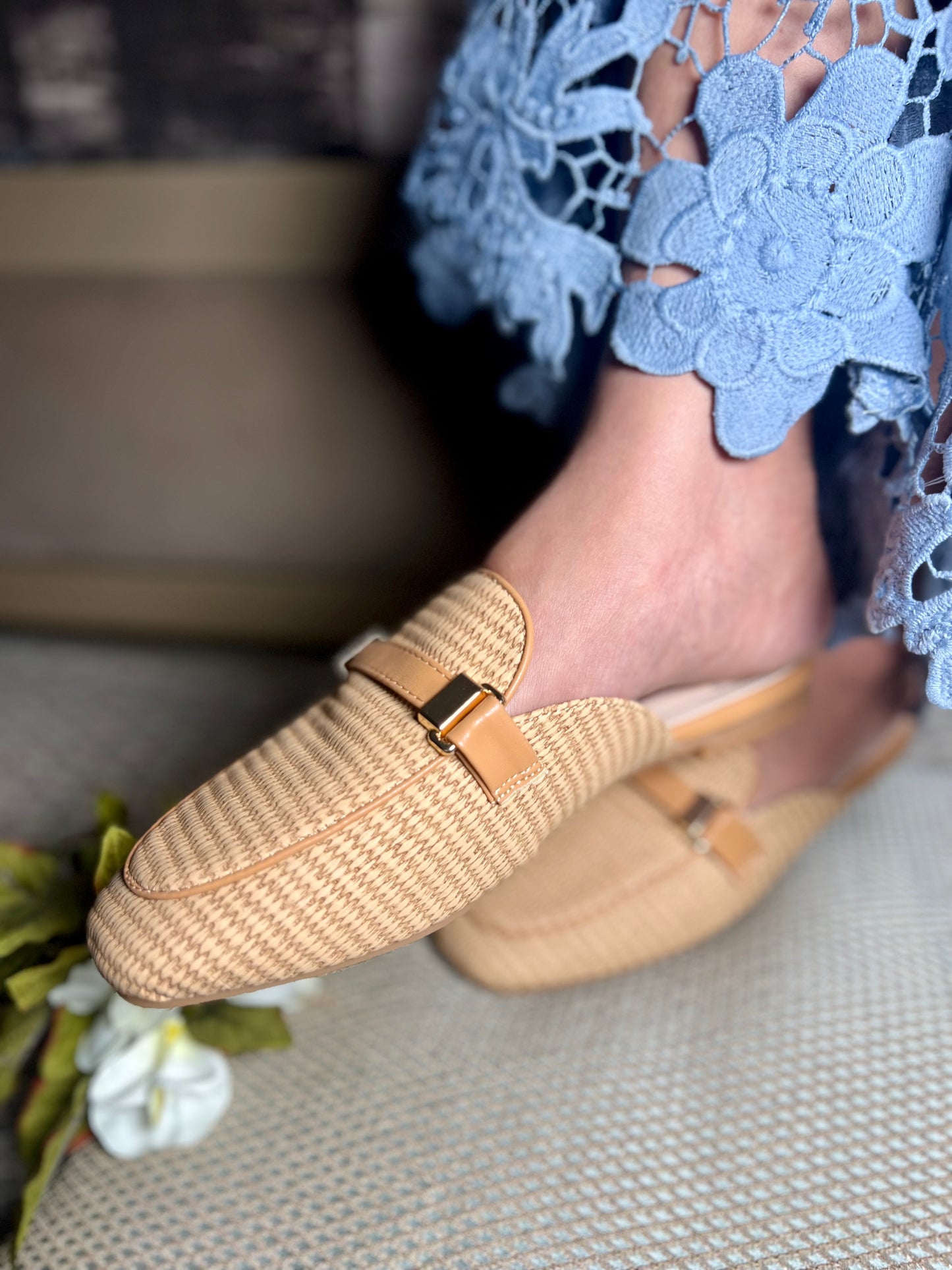 Caramel Beige Woven Mules
