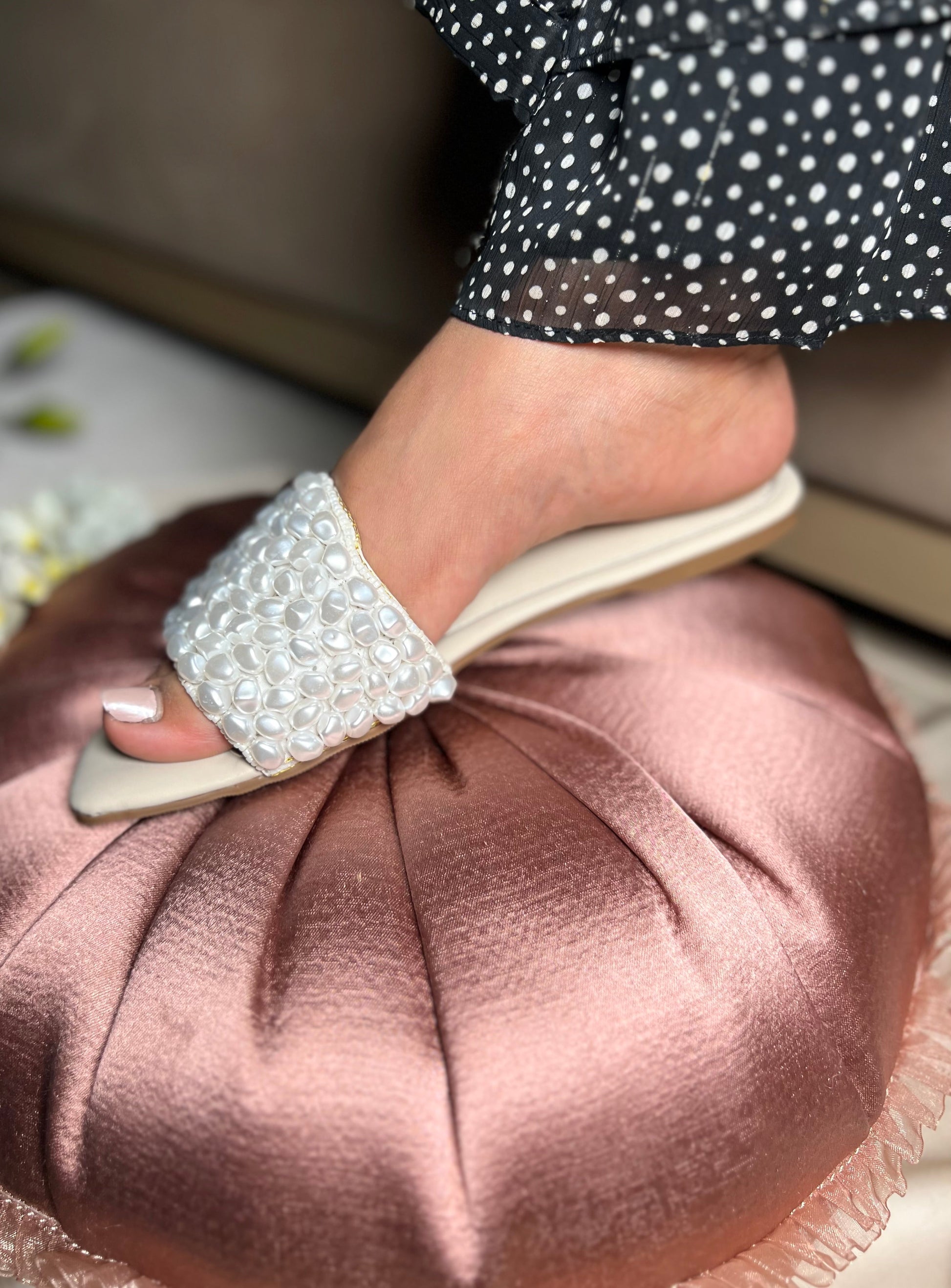 White Pearl Embellished Flat Sandal Stories