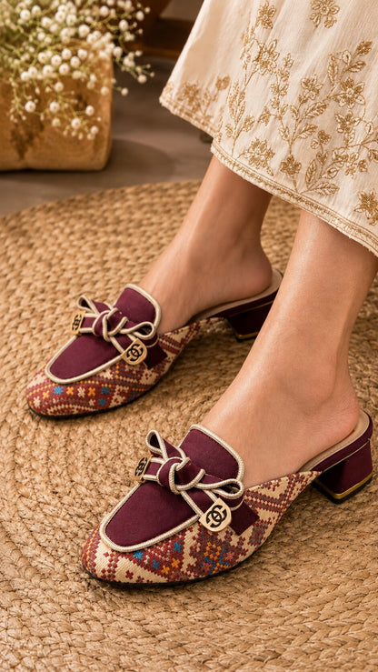 Maroon Patterned Weave Mules