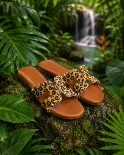 Leopard Print Studded H-Cut Flats