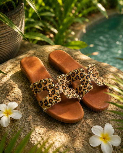 Leopard Print Studded H-Cut Flats