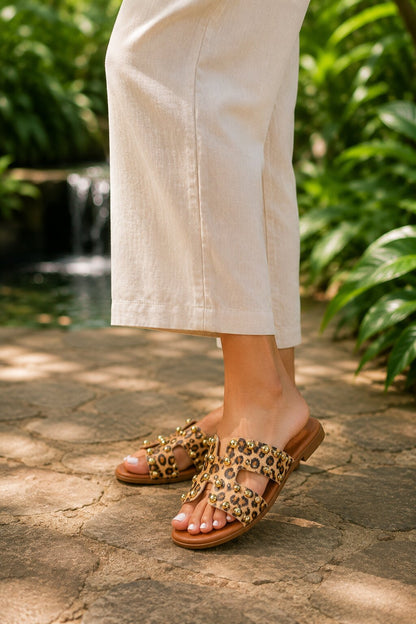 Leopard Print Studded H-Cut Flats