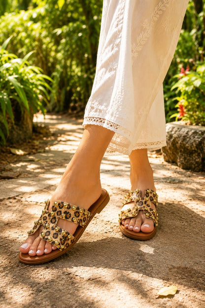 Leopard Print Studded H-Cut Flats