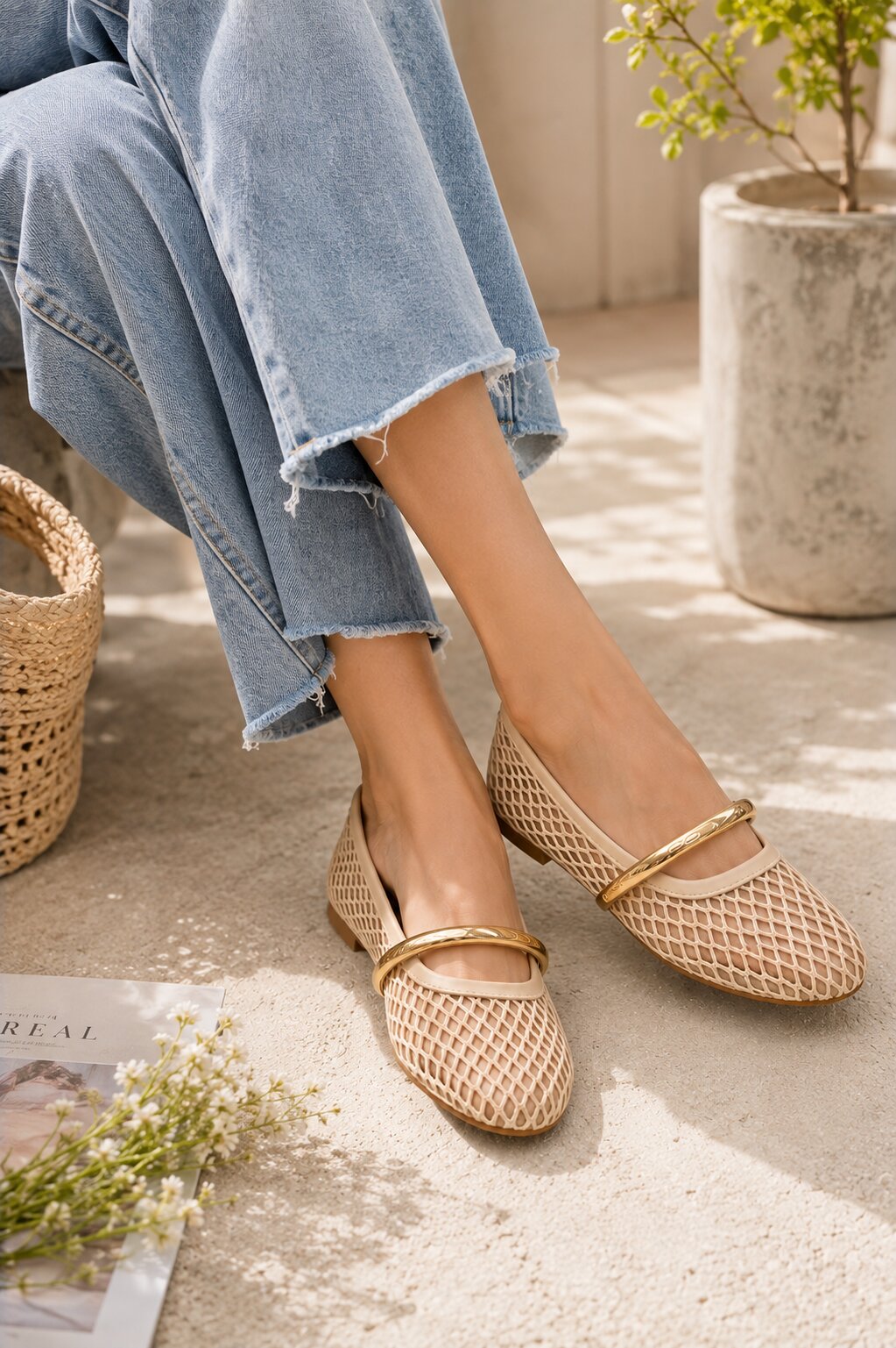 Luxe Mesh Gold Bar Mary Jane Ballerinas - Beige