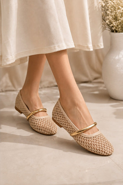 Luxe Mesh Gold Bar Mary Jane Ballerinas - Beige