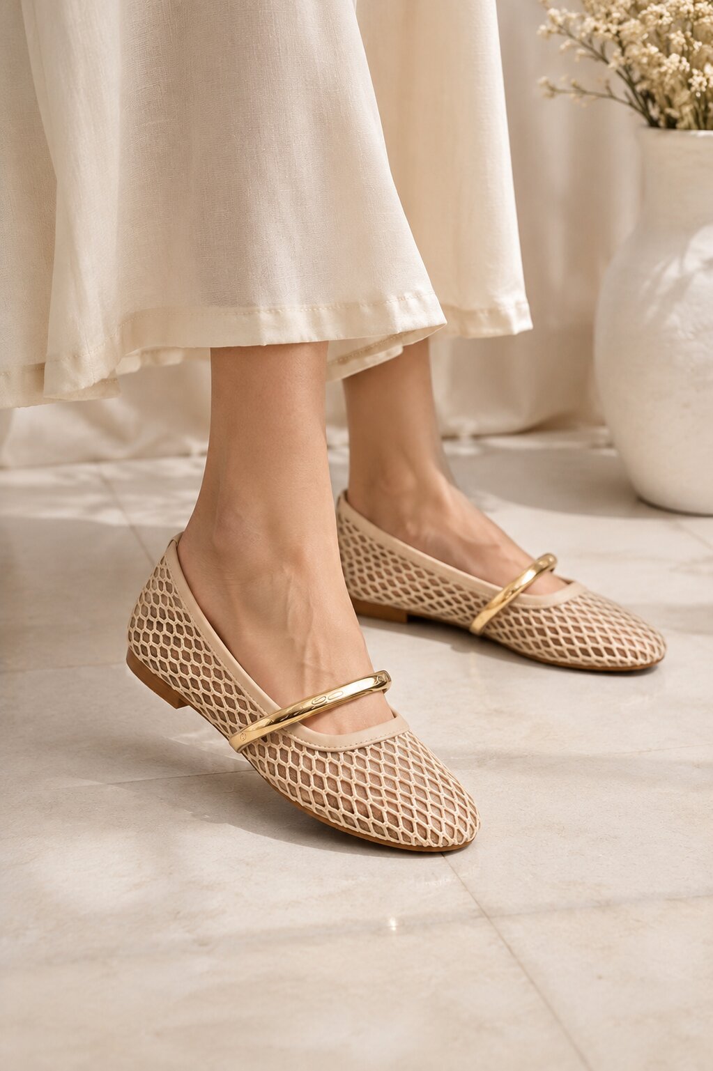 Luxe Mesh Gold Bar Mary Jane Ballerinas - Beige