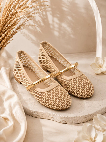 Luxe Mesh Gold Bar Mary Jane Ballerinas - Beige