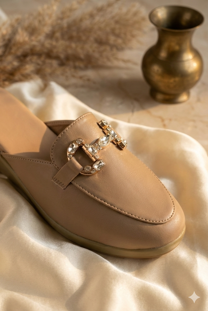Crystal-Buckle Comfort Mules – Nude Beige