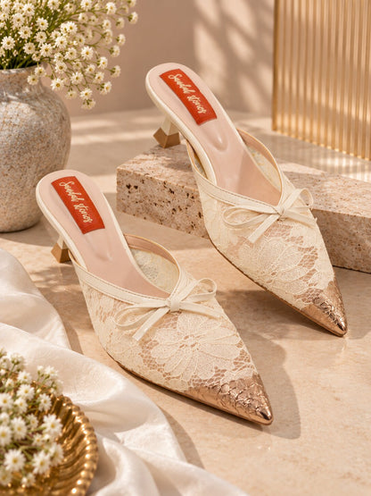 Lace Bow Pointed Mules - Ivory | Kitten Heels