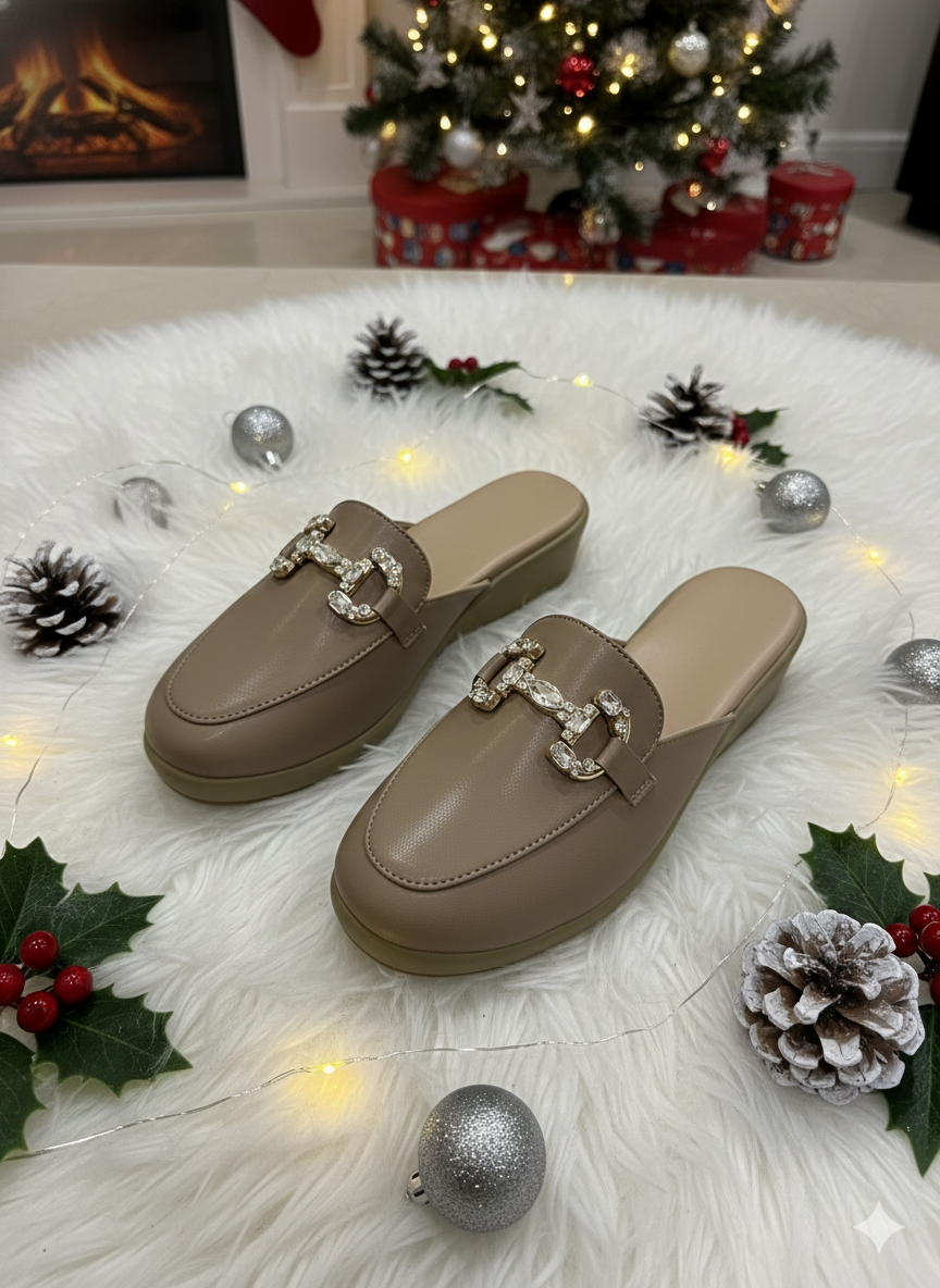 Crystal-Buckle Comfort Mules – Nude Beige