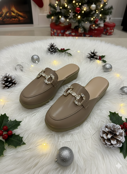 Crystal-Buckle Comfort Mules – Nude Beige