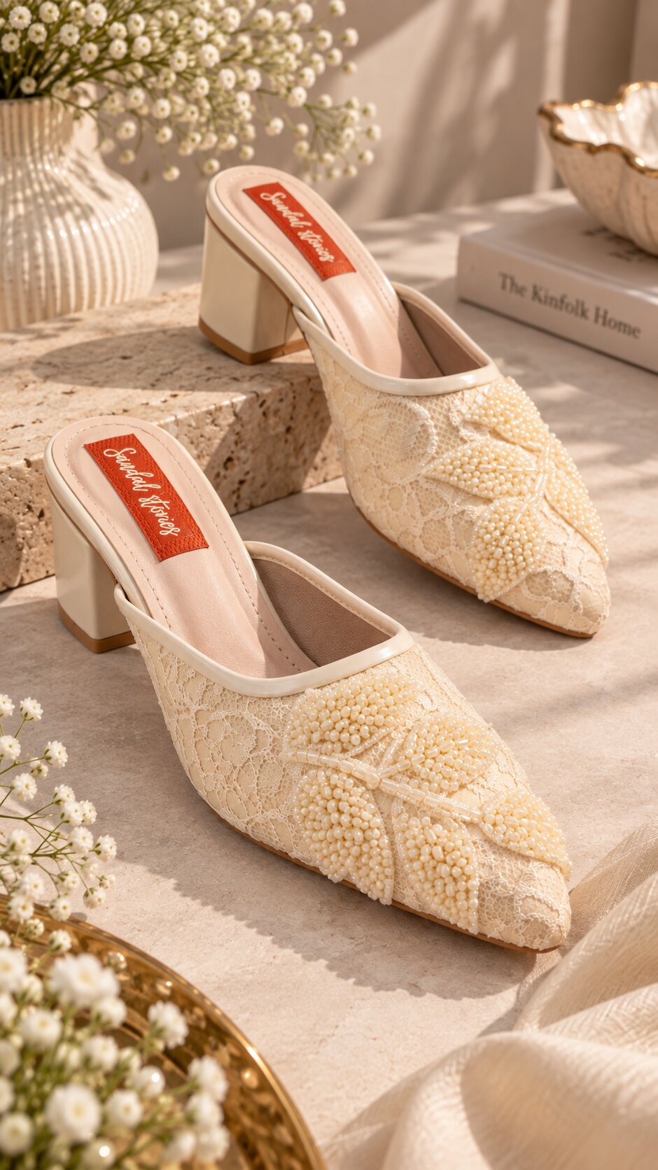 Pearl Lace Embellished Mules - Ivory | 2 Inch Block Heels