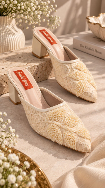 Pearl Lace Embellished Mules - Ivory | 2 Inch Block Heels