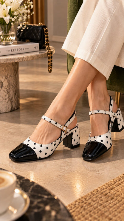 Polka Muse Patent Block Heels - White Black