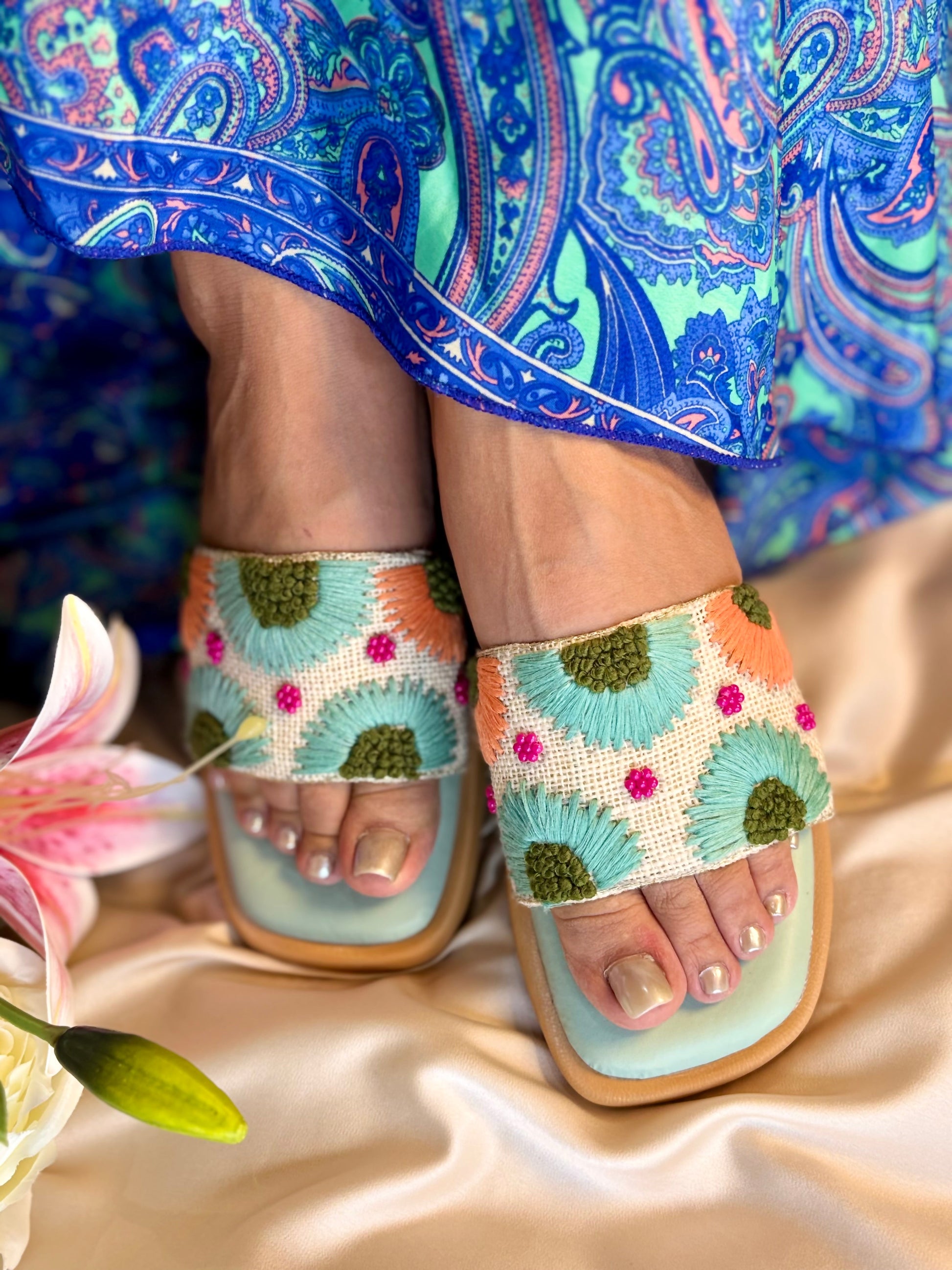 Sunshine Bloom Embroidered Wedges Sandal Stories