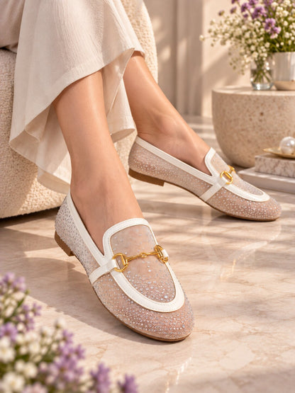 Crystal Mesh Embellished Loafers - White