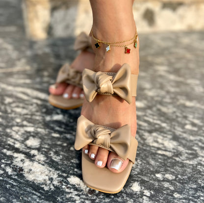 Beige Double Bow Block Heels