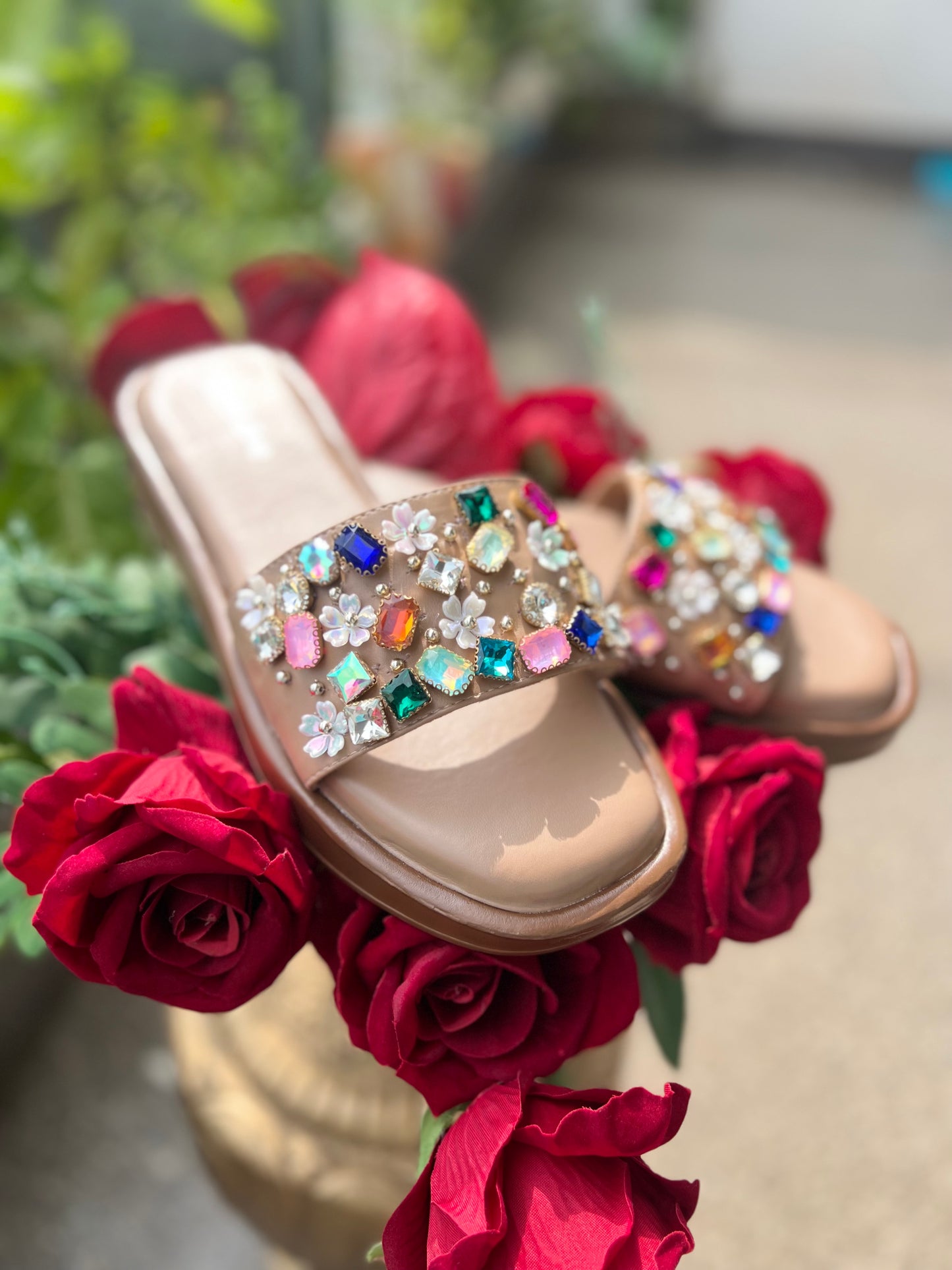 Multicolor Jewel-Embellished Nude Wedges