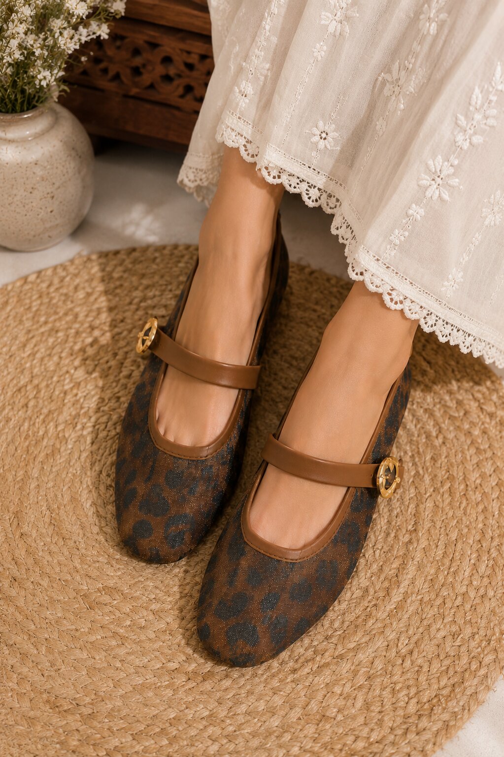 Leopard Print Buckle Mary Jane Ballerinas